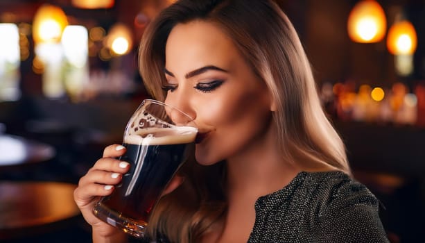 gorgeous young woman drinking beer at the pub, AI generated image