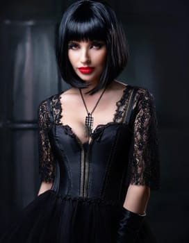 pretty young goth woman dressed in black, AI generated image