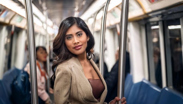 gorgeous young woman on subway train, AI generated image