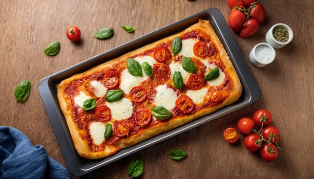 pizza margherita top flat view, AI generated image