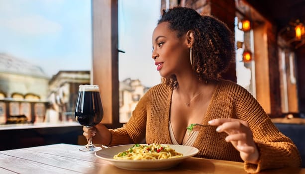 gorgeous young woman eating vegetarian pasta and drinking beer, AI generated image