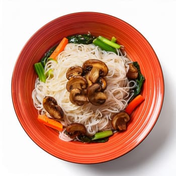 vegetarian asian rice noodles with shiitake mushrooms and vegetables, AI generated image