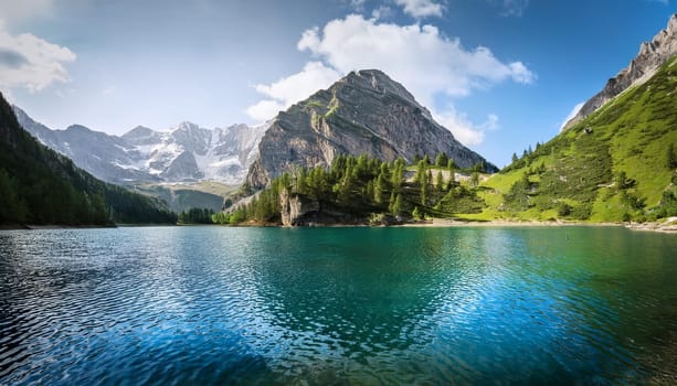 alpine mountains lake landscape view, AI generated image