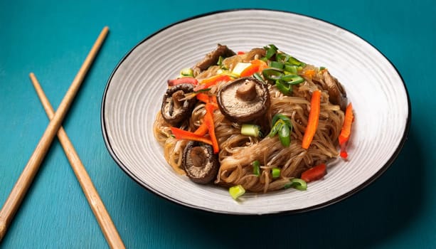 vegetarian asian rice noodles with shiitake mushrooms and vegetables, AI generated image