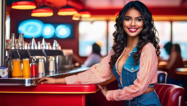 gorgeous indian woman at american diner bar, AI generated image