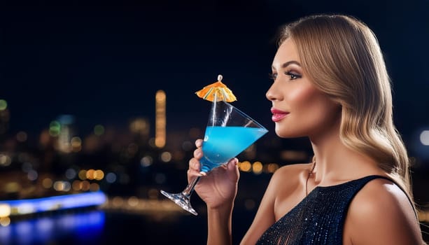 gorgeous woman drinking blue cocktail, AI generated image