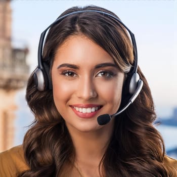 gorgeous young woman with headset in call centre, AI generated image
