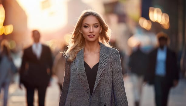 beautiful young elegant woman walking down a busy street, AI generated image