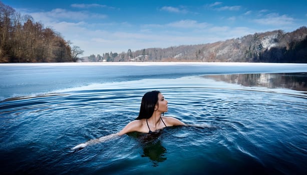 gorgeous young woman swimming in iced lake, AI generated image