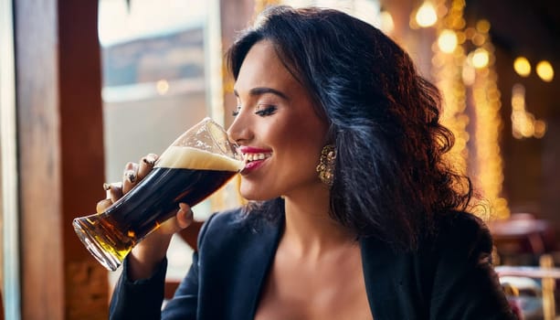 gorgeous young woman eating macaroni cheese and drinking beer, AI generated image