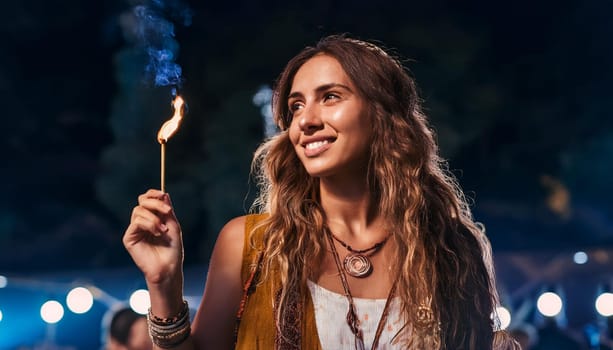 gorgeous young hippy woman at a concert, AI generated image