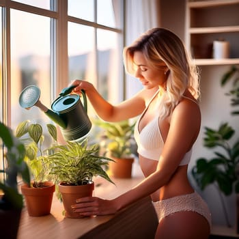 gorgeous young woman watering the houseplants, AI generated image