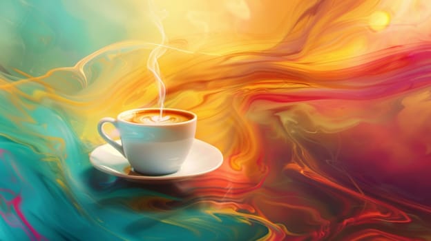 Colorful backdrop with a spinning cup of coffee in motion
