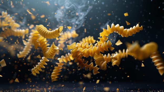 Conceptual representation of spinning pasta forming a whirlwind, symbolizing adventure