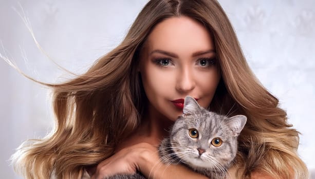 pretty young woman with a cat, AI generated image