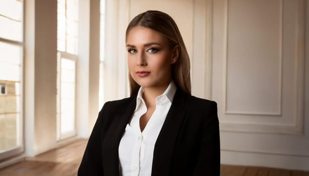 gorgeous young woman in black suit and white shirt, AI generated image