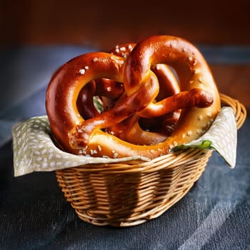 brezel german food in a basket, AI generated image