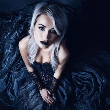 pretty young goth woman top view, AI generated image