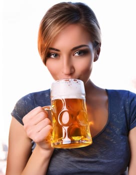 pretty young woman drinking beer, AI generated image