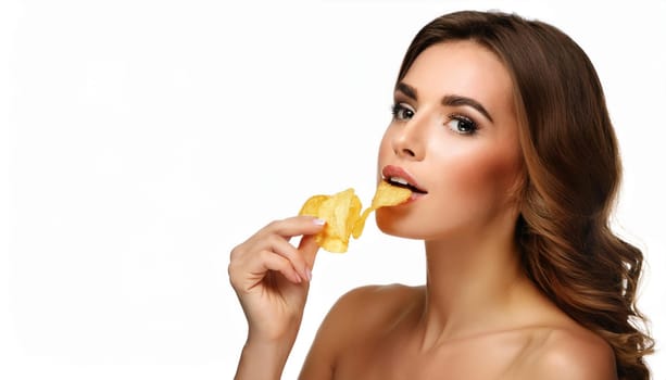 gorgeous young woman eating chips, AI generated image