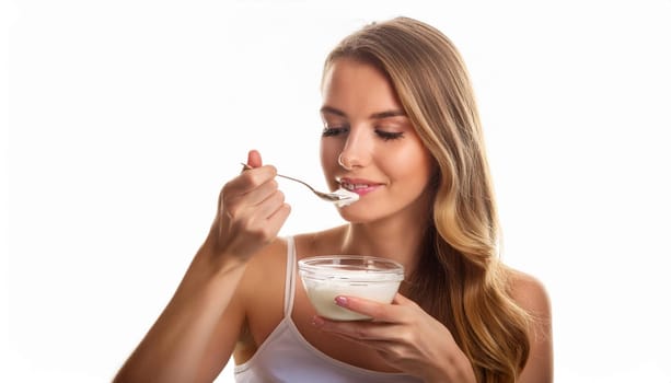 pretty young woman eating white yogurt, AI generated image