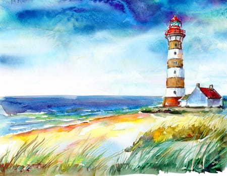 Watercolor painting of a light house at the North Sea in bright colors