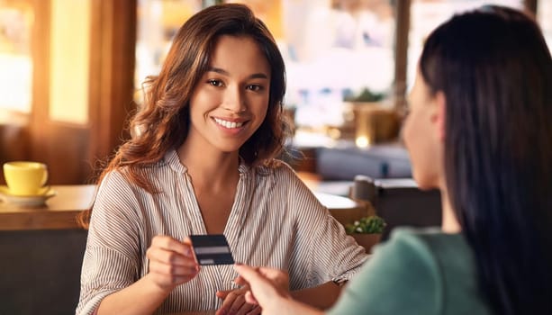gorgeous young woman paying with credit card or debit card at restaurant, AI generated image