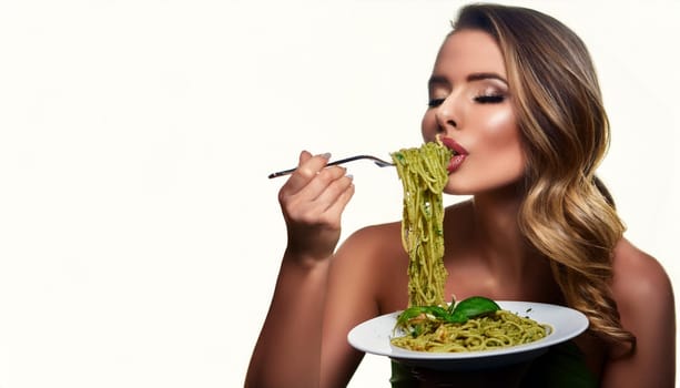 pretty young woman eating spaghetti al pesto, AI generated image