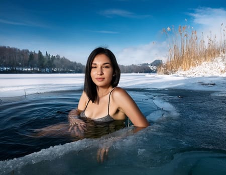 gorgeous young woman swimming in iced lake, AI generated image