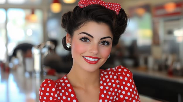A beautiful woman sits at the counter of an American restaurant. Stylized from1940s - 1950s. AI generative.