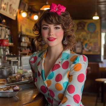 A beautiful woman sits at the counter of an American restaurant. Stylized from1940s - 1950s. AI generative.