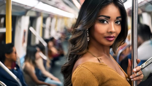 gorgeous young woman on subway train, AI generated image