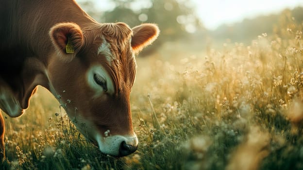 Cow on summer lawn. Cow grazing on a green meadow. Eco farming concept. AI generated