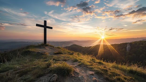 Large copy space adjacent to an image of a Christian cross on a hilltop at sunset