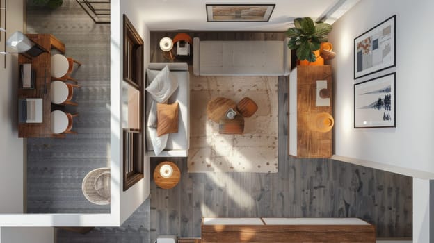Interior layout demonstrating creative ways to define separate living areas within a space