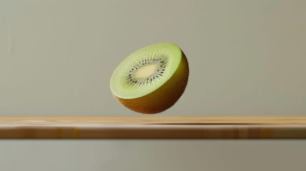 Levitating slice of kiwi in a serene minimalist arrangement