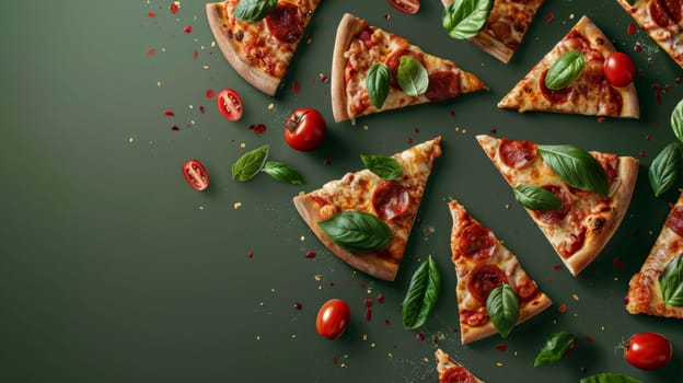 Modern design with floating slices of pizza and space for restaurant logos