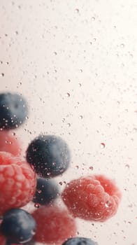 Close up of fresh raspberries and blueberries with water droplets, creating a refreshing and vibrant scene.