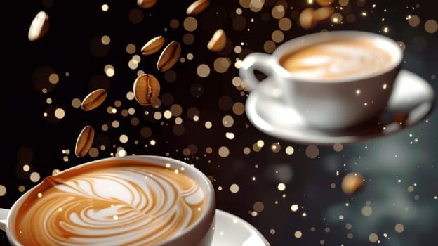Bold silhouette of levitating cups of frothy cappuccino with latte art