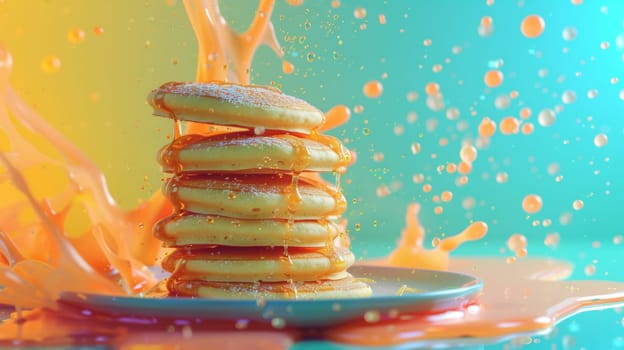 Colorful backdrop with a spinning plate of pancakes in motion