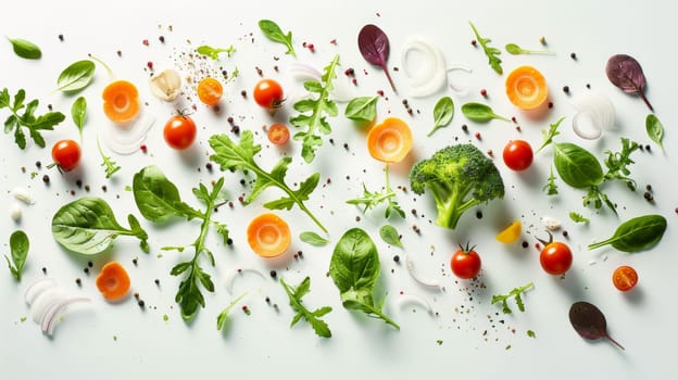 Contemporary arrangement of spinning salad ingredients in a contemporary pattern