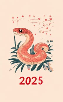 A vibrant snake coiled among leaves displays a unique design for the year 2025, featuring playful elements in the background.