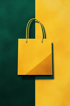 A yellow shopping bag stands upright on a half green, half yellow background, showcasing its simple yet striking design.