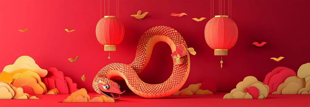 A vibrant dragon weaves through hanging lanterns, creating a joyous atmosphere during a festive celebration filled with colorful decorations.