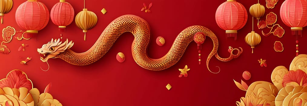 A colorful dragon wind through red and gold elements, celebrating Lunar New Year, adorned with lanterns and floral patterns.