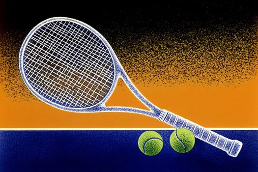 A tennis racket rests beside two green balls against a vibrant orange and blue background, showcasing a dynamic sports theme.