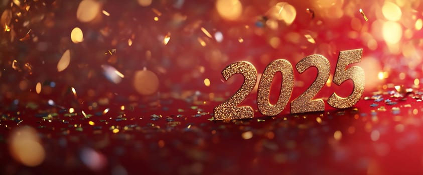 Golden glitter numbers represent the year 2025 surrounded by colorful confetti on a festive background, symbolizing celebration and New Year s joy.