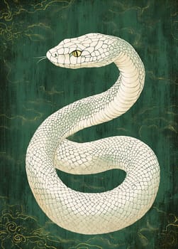 A white snake twists gracefully, showcasing its unique patterns and striking yellow eyes on a rich green backdrop.