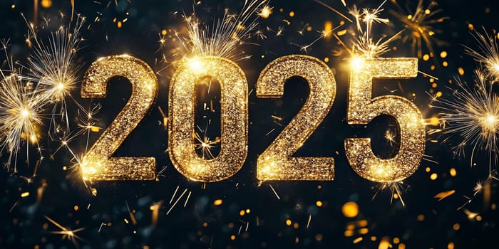 Glittering numbers 2025 are surrounded by festive fireworks, marking the arrival of a new year filled with hope and joy.