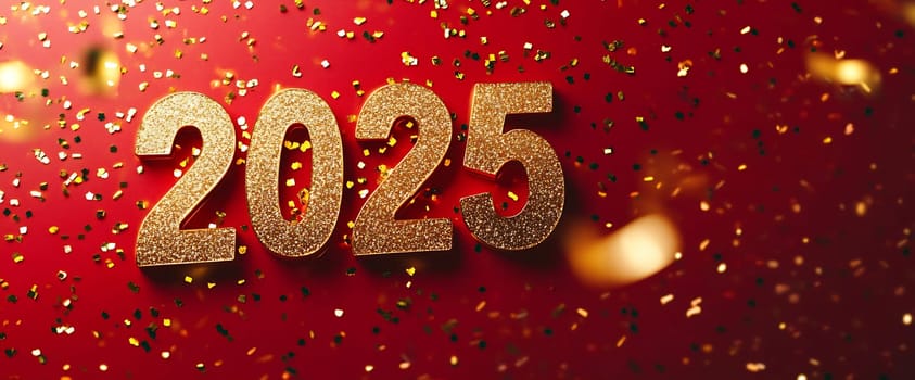 Golden 2025 numbers shine on a vibrant red backdrop, surrounded by colorful confetti, capturing the New Year's excitement.
